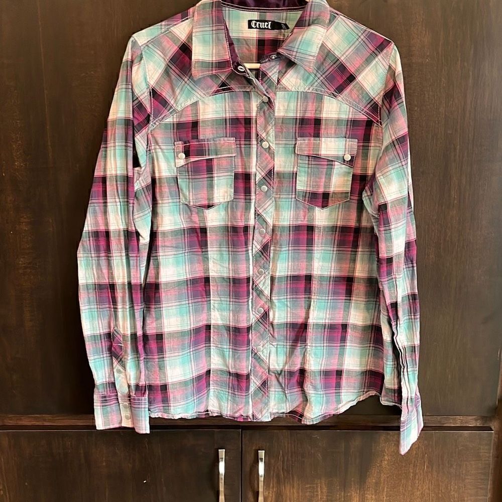 Cruel Girl Purple Aqua Snap Front Plaid Shirt XXL‎